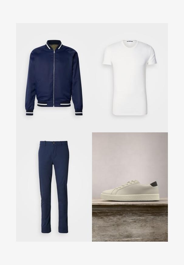 Chaqueta bomber de la marina hecha de un tejido suave; cuenta con puños y cuello a rayas blancas y marinas, cierre frontal con cremallera y bolsillos laterales.; Camiseta blanca de algodón con mangas cortas, escote redondo y logo bordado en el pecho. Textura suave y diseño ajustado.; Pantalones azul marino de tela suave, con un diseño de pierna recta, cierre de cremallera y un único bolsillo frontal con cierre de botón.; Zapatilla blanca con suela texturizada y detalle negro en el talón, flotando sobre un banco de madera con hierba alta y verde de fondo.