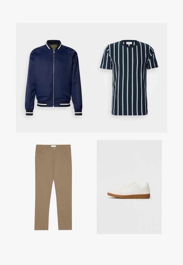 Chaqueta bomber de la marina hecha de un tejido suave; cuenta con puños y cuello a rayas blancas y marinas, cierre frontal con cremallera y bolsillos laterales.; Camiseta de rayas marinas con rayas blancas verticales, un cuello redondo, mangas cortas y un corte relajado. Tela de algodón suave.; Pantalones de algodón elásticos color beige con un diseño de pierna recta, estilo de cinco bolsillos y acentos de herrajes metálicos. Textura suave y detalles de costura clásica.; Zapatilla blanca con una puntera de ante, parte superior sintética suave y suela de goma marrón. Presenta perforaciones en los laterales para mayor transpirabilidad.