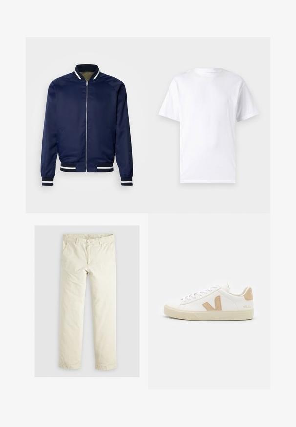 Veste bomber marine en tissu lisse ; dotée de poignets et d'un col rayés blancs et marins, fermeture éclair à l'avant et poches latérales.; T-shirt blanc à manches courtes en coton avec un col rond, présentant une texture lisse et un design simple, sans motifs ni accents.; Pantalons loose-fit beige clair avec trois poches, passants de ceinture et une coupe droite. Fabriqués en un doux mélange de coton.; Baskets blanches avec des accents beiges, en cuir lisse, bout rond, semelle en caoutchouc plate, et laçage à l'avant avec un logo au talon.