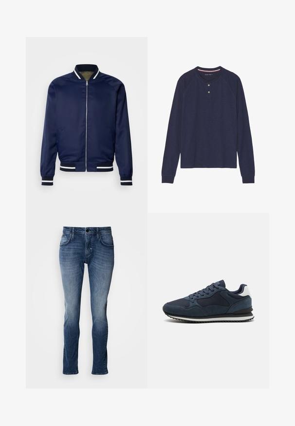 Marine Bomberjacke aus glattem Stoff; mit weißen und marineblauen gestreiften Bündchen und Kragen, Reißverschluss vorne und Seitentaschen.; Langärmliges, marineblaues Henley-Shirt mit rundem Ausschnitt, Zwei-Knopf-Leiste und gerippten Bündchen. Weiche Textur, lässiges Design.; Blaue Jeans aus Denim mit einem ausgewaschenen Finish, Fünf-Taschen-Design, geradem Bein und Steppnähte. Einfache Knopf- und Reißverschlussöffnung.; Marineblaue Sneakers aus einer Kombination von Wildleder und Mesh-Materialien, mit flachen Schnürsenkeln, einem weißen Absatzakzent und einer strukturierten schwarzen Gummisohle.