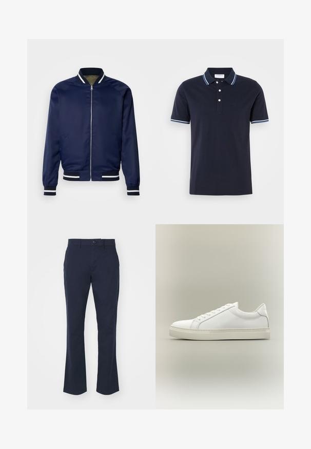 Chaqueta bomber de la marina hecha de un tejido suave; cuenta con puños y cuello a rayas blancas y marinas, cierre frontal con cremallera y bolsillos laterales.; Polo de color azul marino hecho de algodón, con una tapeta de tres botones, acentos en el cuello y las mangas de rayas blancas y azul claro.; Pantalones azul marino confeccionados en una mezcla de tela de algodón, con un diseño de pierna recta, cinturilla estándar con cierre de botón y bolsillos laterales.; Zapatilla blanca de perfil bajo con cordones en la parte delantera y suela gruesa, mostrada de lado sobre un fondo neutro.