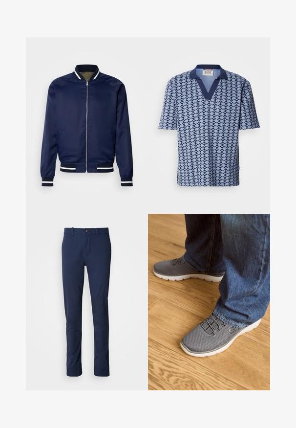 Veste bomber marine en tissu lisse ; dotée de poignets et d'un col rayés blancs et marins, fermeture éclair à l'avant et poches latérales.; Scotch & Soda PRINTED RELAXED FIT - Polo - faded denim; Pantalon bleu marine en tissu lisse, avec un design à jambes droites, une fermeture éclair et une poche avant unique avec une fermeture à bouton.; Des chaussures de sport grises avec une tige en maille, une semelle blanche et des lacets élastiques. Associées à un jean en denim bleu, sur un sol en bois.
