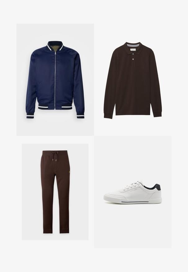 Veste bomber marine en tissu lisse ; dotée de poignets et d'un col rayés blancs et marins, fermeture éclair à l'avant et poches latérales.; Polo à manches longues en coton marron foncé, doté d'un col, d'une patte de boutonnage à trois boutons et d'accents à rayures blanches. Texture lisse.; Pantalon de survêtement marron avec poignets et ceinture côtelés, doté d’un cordon de serrage et d’un petit logo jaune sur la cuisse droite.; Baskets blanches avec un dessus en synthétique lisse, bout rond, design à lacets, accent marine sur le talon, et une semelle en caoutchouc texturée avec une bande noire.