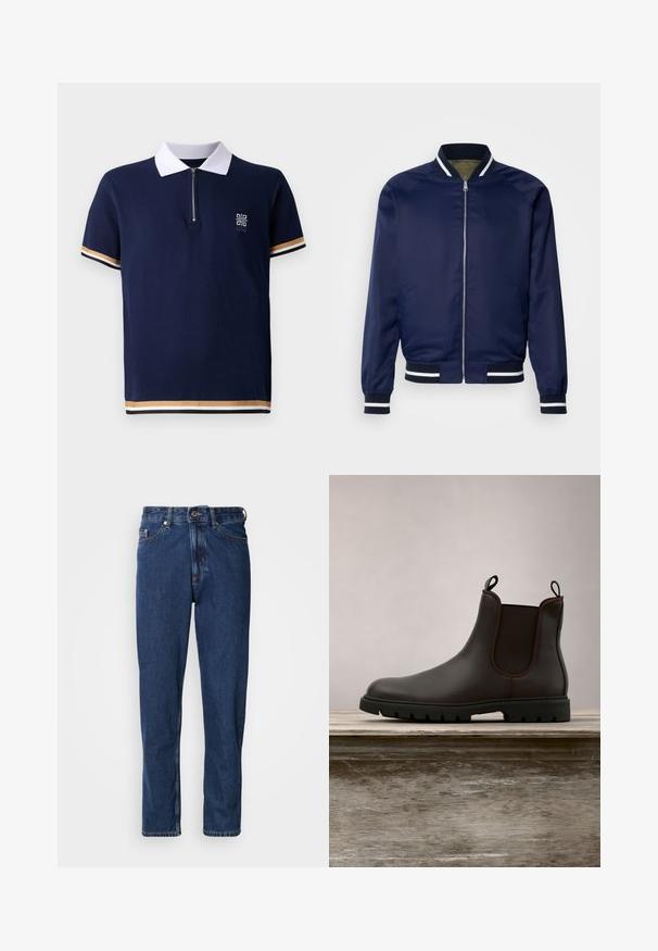Marine bomberjack gemaakt van gladde stof; heeft witte en marine gestreepte manchetten en kraag, een ritssluiting aan de voorkant en zijzakken.; Marineblauw polo shirt met witte kraag, kwart-rits ontwerp en gestructureerde stof. Beschikt over gestreepte accenten in goud en wit op de mouwen.; Donkerblauwe spijkerbroek gemaakt van denim, met een rechte pijp, vijfzakkenontwerp en zichtbare stiksels langs de naden.; Zwarte leren Chelsea-boot zwevend boven een houten bank met groen gras op de achtergrond.