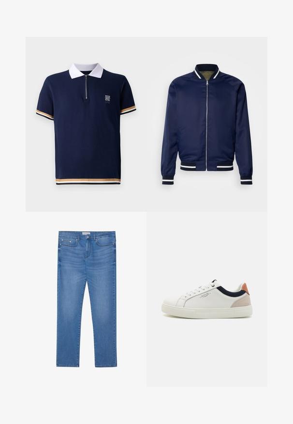 Marine bomberjack gemaakt van gladde stof; heeft witte en marine gestreepte manchetten en kraag, een ritssluiting aan de voorkant en zijzakken.; Marineblauw polo shirt met witte kraag, kwart-rits ontwerp en gestructureerde stof. Beschikt over gestreepte accenten in goud en wit op de mouwen.; Lichtblauwe spijkerbroek met een rechte pijp, vijf zakken, subtiele vervaging en metalen accenten op de taille en zakken.; Witte leren sneakers met een laag ontwerp, marineblauwe stoffen accenten op de kraag en een lichtroze suède hieltab. Rubberen zool.