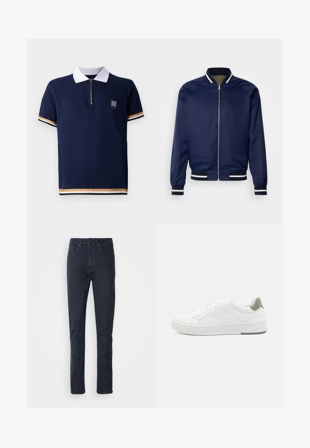 Marine bomberjack gemaakt van gladde stof; heeft witte en marine gestreepte manchetten en kraag, een ritssluiting aan de voorkant en zijzakken.; Marineblauw polo shirt met witte kraag, kwart-rits ontwerp en gestructureerde stof. Beschikt over gestreepte accenten in goud en wit op de mouwen.; Donkerblauwe katoenen jeans met een recht gesneden pasvorm, knoopsluiting en design met vijf zakken. Gladde textuur en minimale stikseldetails.; Witte sneaker van glad leer met een ronde neus, minimalistisch ontwerp, grijze hielaccent en een geplaatste rubberen zool.
