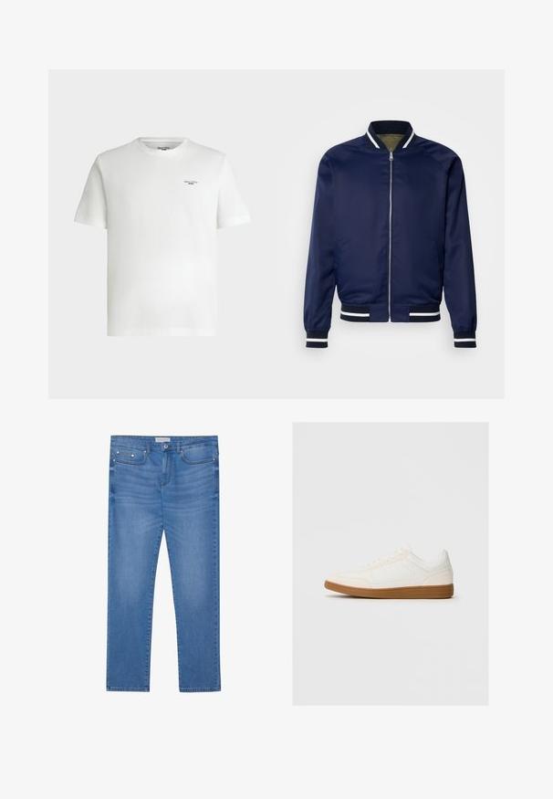 Marine bomberjakke lavet af glat stof; har hvid- og marineblå stribede manchetter og krave, lynlås foran og sidelommer.; Hvid kortærmet t-shirt med rund hals og lille sort tekstlogo "Marc O'Polo DENIM" på øverste venstre bryst.; Lyseblå denimjeans med lige ben, femlommes design, subtil falming og metalbeslag ved taljen og lommerne.; Hvide sneakers med en ruskind tåspids, glat syntetisk overdel og tan gummisål. Har perforeringer på siderne for åndbarhed.