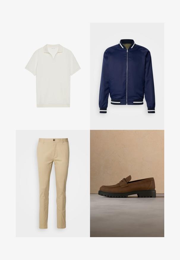Veste bomber marine en tissu lisse ; dotée de poignets et d'un col rayés blancs et marins, fermeture éclair à l'avant et poches latérales.; Polo blanc à manches courtes avec un col en V et un tissu texturé. Design simple avec un col et des accents de manches contrastants.; Chinos beige avec une coupe slim, en coton. Comprend une fermeture à bouton, des passants de ceinture et des détails de couture subtils sur les poches.; Mocassin en cuir marron foncé avec semelle épaisse en caoutchouc noir présenté au-dessus d’un tapis beige et d’un canapé en arrière-plan.