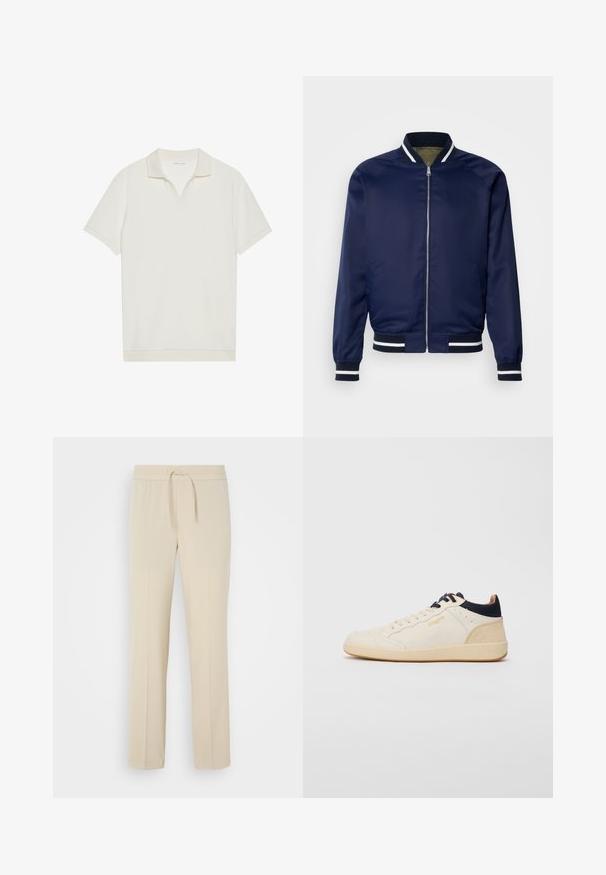 Veste bomber marine en tissu lisse ; dotée de poignets et d'un col rayés blancs et marins, fermeture éclair à l'avant et poches latérales.; Polo blanc à manches courtes avec un col en V et un tissu texturé. Design simple avec un col et des accents de manches contrastants.; Pantalons beiges à taille élastique avec cordon de serrage. Comprend des jambes droites et une texture lisse, adaptés pour un usage décontracté ou pour se détendre.; Baskets beiges avec une tige en daim texturée, des accents bleu marine sur le col et la languette, et une semelle en caoutchouc gomme. Présentent des perforations décoratives.