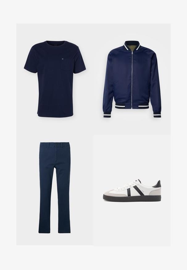 Chaqueta bomber de la marina hecha de un tejido suave; cuenta con puños y cuello a rayas blancas y marinas, cierre frontal con cremallera y bolsillos laterales.; Camiseta azul marino de manga corta con cuello redondo y bolsillo en el pecho que muestra un pequeño logo sobre un fondo liso.; Pantalones de algodón azul marino con un diseño de pierna recta, que cuentan con bolsillos frontales, cierre de cremallera y un botón en la parte superior.; Zapatilla blanca con acentos en negro y gris, que presenta una puntera texturizada en gris, suela de goma negra y cordones planos blancos. Diseño limpio, estilo minimalista.