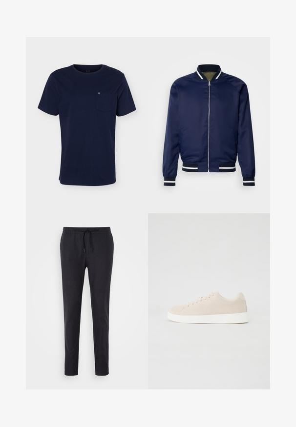 Marine Bomberjacke aus glattem Stoff; mit weißen und marineblauen gestreiften Bündchen und Kragen, Reißverschluss vorne und Seitentaschen.; Marineblaues T-Shirt mit kurzen Ärmeln und Rundhalsausschnitt mit einer Brusttasche, die ein kleines Logo auf einfarbigem Hintergrund zeigt.; Schwarze Hose mit Kordelzug in der Taille, schmaler Passform, glatter Textur und elastischen Bündchen. Hergestellt aus leichtem Stoff.; Beige Wildlederschuhe mit weißen Gummisohlen, runder Zehenform und sechs Ösen für die Schnürsenkel. Glatte Textur mit minimalistischem Design.