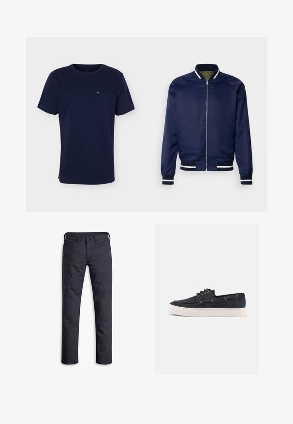 Chaqueta bomber de la marina hecha de un tejido suave; cuenta con puños y cuello a rayas blancas y marinas, cierre frontal con cremallera y bolsillos laterales.; Camiseta azul marino de manga corta con cuello redondo y bolsillo en el pecho que muestra un pequeño logo sobre un fondo liso.; Jeans de color azul marino oscuro con un diseño de pierna recta, hechos de una suave tela de algodón. Presenta cinco bolsillos y un cierre de botón.; Zapatilla casual de ante azul marino con suela de goma blanca, cordones negros y ojales de metal, mostrada desde el lado derecho sobre un fondo liso.