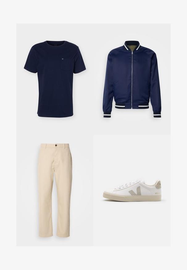 Marine Bomberjacke aus glattem Stoff; mit weißen und marineblauen gestreiften Bündchen und Kragen, Reißverschluss vorne und Seitentaschen.; Marineblaues T-Shirt mit kurzen Ärmeln und Rundhalsausschnitt mit einer Brusttasche, die ein kleines Logo auf einfarbigem Hintergrund zeigt.; Beige Baumwollhosen mit geraden Beinen, einem Knopfverschluss vorne, Seitentaschen und einer glatten Textur. Minimalistisches Design, ohne sichtbare Muster.; Weiße Ledersneaker mit beigen Akzenten, flacher Gummisohle, runder Zehenpartie und kontrastierendem Logo an der Seite und Rückseite. Mit Schnürdesign.