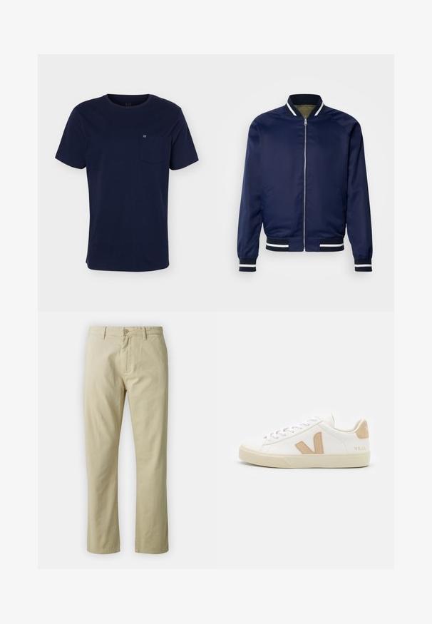 Chaqueta bomber de la marina hecha de un tejido suave; cuenta con puños y cuello a rayas blancas y marinas, cierre frontal con cremallera y bolsillos laterales.; Camiseta azul marino de manga corta con cuello redondo y bolsillo en el pecho que muestra un pequeño logo sobre un fondo liso.; Pantalones de algodón beige con un diseño de pierna recta, cierre frontal con botón y presillas para cinturón. Textura suave, sin patrones ni acentos visibles.; Zapatillas blancas con acentos beige, material de cuero liso, punta redonda, suela de goma plana y cordones en la parte delantera con un logotipo en el talón.