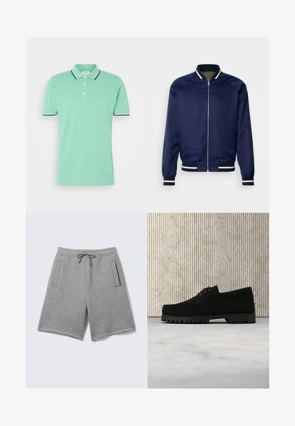 Veste bomber marine en tissu lisse ; dotée de poignets et d'un col rayés blancs et marins, fermeture éclair à l'avant et poches latérales.; Polo en coton vert menthe, avec une patte de boutonnage à deux boutons et des rayures contrastantes en bleu marine sur le col et les manches.; Shorts décontractés gris clair avec taille ajustable à cordon et deux poches latérales verticales sur fond uni.; Chaussure noire à lacets avec semelle épaisse à nervures flottant au-dessus d'un tapis beige, table ronde moderne marron en arrière-plan dans une pièce à éclairage doux.