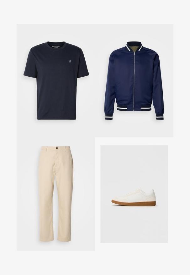Chaqueta bomber de la marina hecha de un tejido suave; cuenta con puños y cuello a rayas blancas y marinas, cierre frontal con cremallera y bolsillos laterales.; Camiseta de algodón azul marino de manga corta, con cuello redondo y pequeño logo bordado en el pecho. Textura suave, diseño casual.; Pantalones de algodón beige con piernas rectas, cierre de botón en la parte delantera, bolsillos laterales y una textura suave. Diseño minimalista, sin patrones visibles.; Zapatilla blanca con una puntera de ante, parte superior sintética suave y suela de goma marrón. Presenta perforaciones en los laterales para mayor transpirabilidad.