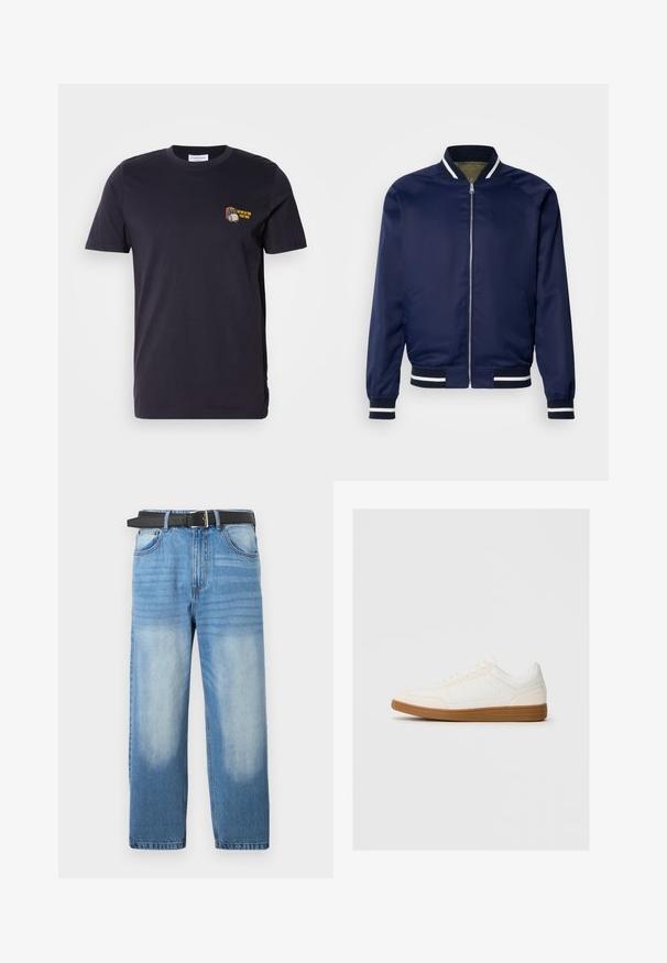 Chaqueta bomber de la marina hecha de un tejido suave; cuenta con puños y cuello a rayas blancas y marinas, cierre frontal con cremallera y bolsillos laterales.; Camiseta de algodón de color azul marino oscuro con mangas cortas y cuello redondo. Presenta un pequeño diseño bordado con texto en el área del pecho izquierdo.; Jean de mezclilla azul claro con pierna recta, que presenta un cinturón negro, parches desgastados y una sutil textura diagonal en la sección superior.; Zapatilla blanca con una puntera de ante, parte superior sintética suave y suela de goma marrón. Presenta perforaciones en los laterales para mayor transpirabilidad.