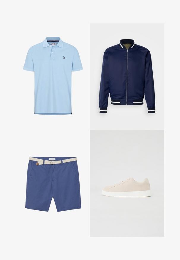 Marine Bomberjacke aus glattem Stoff; mit weißen und marineblauen gestreiften Bündchen und Kragen, Reißverschluss vorne und Seitentaschen.; Helles blaues Polohemd mit kurzen Ärmeln aus weicher Baumwolle. Mit einer Knopfleiste mit drei Knöpfen, Kragen und besticktem Logo auf der Brust.; Blaue Baumwollshorts mit einem gewebten cremefarbenen Gürtel. Zu den Merkmalen gehören zwei seitliche Taschen und eine klassische Passform mit geradem Bein.; Beige Wildlederschuhe mit weißen Gummisohlen, runder Zehenform und sechs Ösen für die Schnürsenkel. Glatte Textur mit minimalistischem Design.