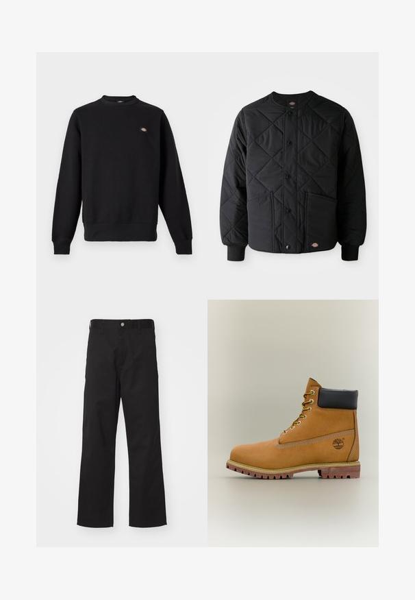 Sort quiltet jakke med trykknapper, to frontlommer, ribbede manchetter og et synligt lille logo patch ved frontens nederste kant.; Sort crewneck-sweatshirt med lange ærmer, ribstrikkede manchetter og kant samt et lille rektangulært logo på venstre bryst.; Sorte bukser lavet af slidstærkt stof med lige pasform, der har knaplukning foran, bæltestropper og ingen synlige mønstre eller accenter.; Brun læderankelstøvle med sort krave, gule snørebånd og tanfarvet sål. Har logo og hvide syninger som detalje. Robust ydersål med greb.