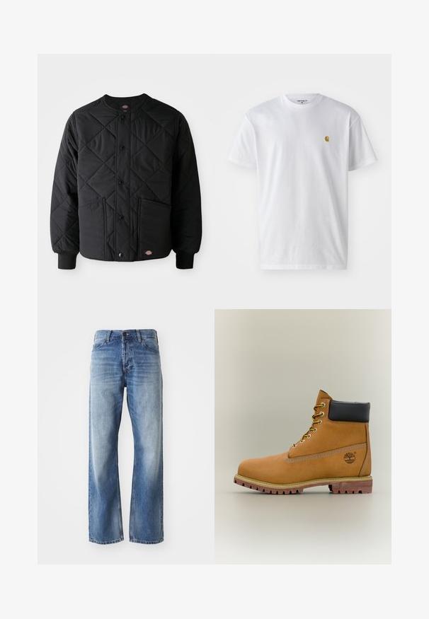Sort quiltet jakke med trykknapper, to frontlommer, ribbede manchetter og et synligt lille logo patch ved frontens nederste kant.; Hvid bomulds t-shirt med korte ærmer, rund hals og et lille guld logo på venstre brystområde. Blød tekstur og almindelig pasform.; Blå denim straight-leg jeans med let fading på lårene og knæene, med fem lommer og en knaplukning.; Brun læderankelstøvle med sort krave, gule snørebånd og tanfarvet sål. Har logo og hvide syninger som detalje. Robust ydersål med greb.