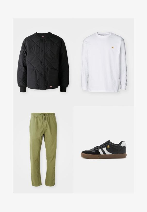Chaqueta negra acolchada con botones a presión, dos bolsillos frontales, puños acanalados y un pequeño parche de logo visible en el dobladillo frontal.; Camiseta de manga larga blanca de algodón. Cuenta con un pequeño logo dorado en el pecho y un cuello redondo. Diseño simple y corte estándar.; Pantalones de corte relajado en verde oliva con cinturilla elástica y cordón. Confeccionados en una tela suave con una textura lisa y perneras rectas.; Zapatillas en blanco y negro con parte superior de ante y cuero, que presentan franjas blancas, cordones negros y una suela de goma marrón. Acentos de logo dorados.