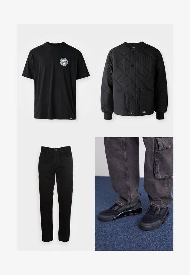Sort quiltet jakke med trykknapper, to frontlommer, ribbede manchetter og et synligt lille logo patch ved frontens nederste kant.; Sort bomulds-T-shirt med et rundt logo på brystet. Korte ærmer og rund halsudskæring med lige snit ved kanten.; Sorte slim-fit jeans med frontknaplukning og fem-lomme design, vist mod en enkel lys grå baggrund.; Sorte sportsko med en struktureret overflade, glatte detaljer og en kraftig sål, der er parret med mørke, løstsiddende cargo-bukser.