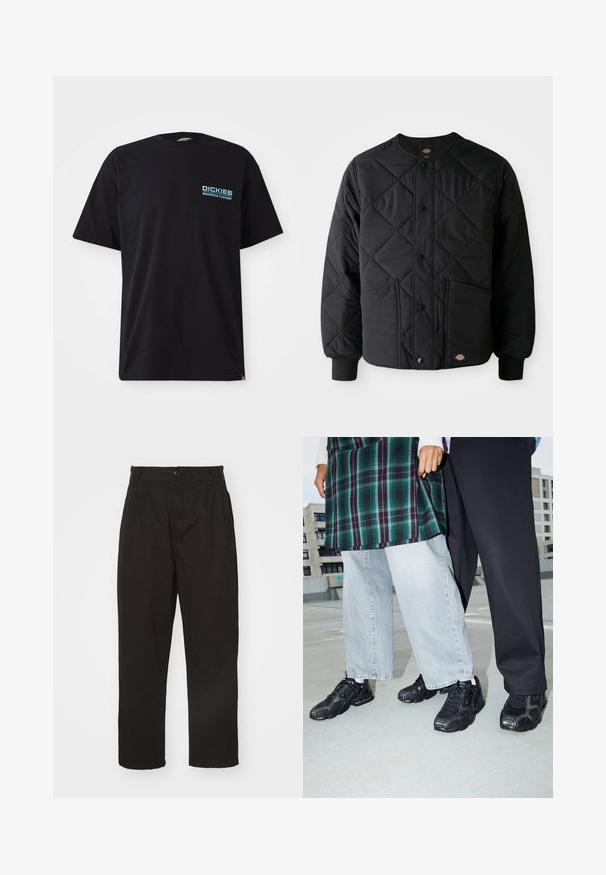Zwarte gewatteerde jas met drukknoopsluiting, twee voorzakken, geribde manchetten en een zichtbaar klein logo-opdruk aan de voorkant van de zoom.; Zwarte katoenen t-shirt met korte mouwen, met een blauw "DICKIES WORKWEAR COMPANY" logo op de linkerkant van de borst. Standaard ronde hals.; Zwarte broek van gladde stof, met knoopsluiting, rechte snit en twee voorplooien voor extra detail.; Zwarte sportieve schoenen met mesh- en rubberaccenten. Draagt een lichtgrijze wijde spijkerbroek en een groen geruit shirt. Effen achtergrond.