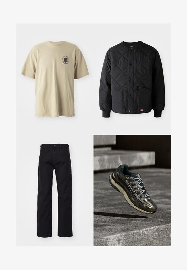 Musta tikattu takki, jossa on napit, kaksi etutaskua, ribbaatut hihansuut ja näkyvä pieni logopatchi etureunassa.; Beige puuvillatee-shirt ümmarguse kaelusega ja lühikeste varrukatega. Vasakul rinnal on must graafikaprint tekstiga ja kujundusega.; Mustat kangashousut suoran lahkeiden muotoilulla, joissa on etupainike, vyölenkit ja sivutaskut. Tekstuuri on sileä ja kestävä.; Tumman metallinen ja musta Nike:n juoksukenkä, jossa on beigen värinen pohja, kelluu harmaiden betonisten portaiden yläpuolella.