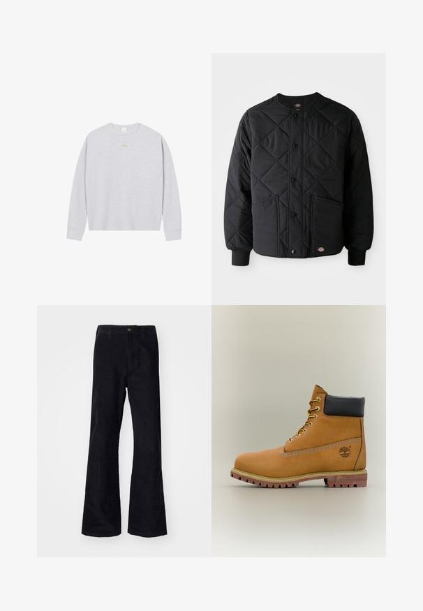 Veste matelassée noire avec boutons-pression, deux poches avant, poignets côtelés et un petit patch logo visible à l'ourlet avant.; Pull en laine grise clair à manches longues, en maille gaufrée, avec un petit logo orange centré sur la poitrine.; Pantalons évasés noirs en coton avec une taille traditionnelle, un bouton à l'avant et des poches sur les côtés et à l'arrière. Texture lisse.; Bottine en cuir marron avec col noir, lacets jaunes et semelle beige. Présente un logo et des détails de couture blanche. Semelle extérieure à traction robuste.