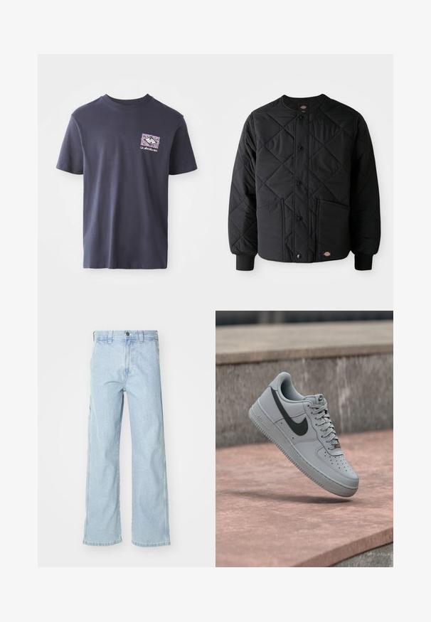 Chaqueta negra acolchada con botones a presión, dos bolsillos frontales, puños acanalados y un pequeño parche de logo visible en el dobladillo frontal.; Camiseta de algodón azul marino con cuello redondo y mangas cortas. Presenta un estampado gráfico geométrico en púrpura y blanco en el lado izquierdo del pecho.; Jeans de mezclilla azul claro con un corte relajado, presentan una cintura alta, bolsillos frontales y un diseño de pierna recta. Las superficies tienen una textura suave.; Zapatilla Nike Air Force 1 gris con el logo swoosh negro, suela blanca y cordones, mostrada en el aire sobre una superficie de concreto.