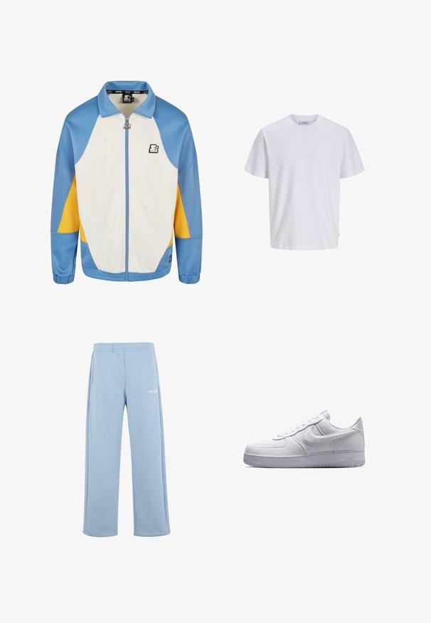 Blauwe, witte en gele sportjack met rits. Heeft een ronde kraag, textuurstof en een logo-accent op de borst.; Effen wit T-shirt met korte mouwen en een ronde hals, met een rechte zoom, getoond op een witte achtergrond.; Lichtblauwe sweatpants van een katoenmix, met een elastische tailleband, zijzakken en een wit logo op de linker bovenbeen.; Witte lage Nike Air Force 1 sneaker met vetersluiting en een gestructureerde zool, zijaanzicht op een witte achtergrond.