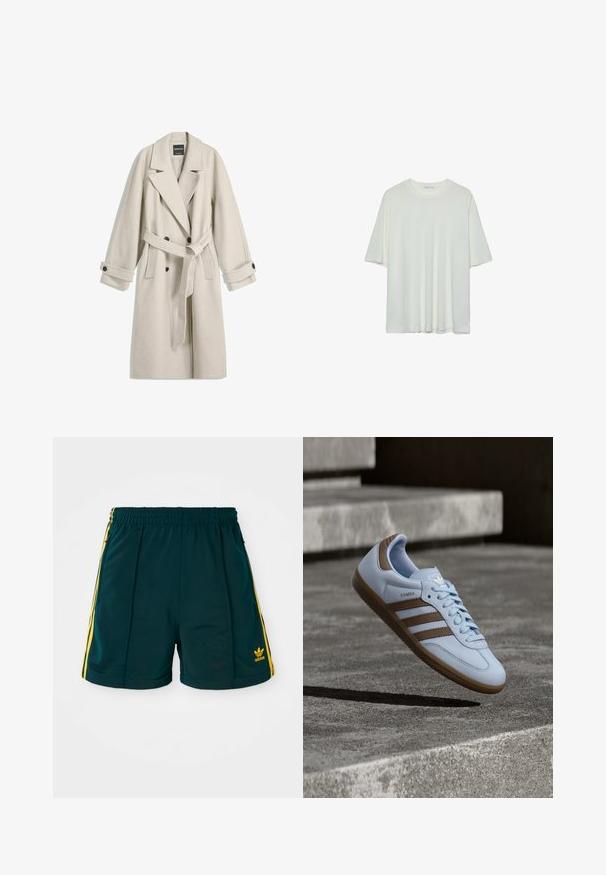 Langer beigefarbener Wollmantel mit Gürtel, breiten Revers, doppelreihigen Knöpfen und geknöpften Manschetten, flach auf weißem Hintergrund präsentiert.; Weißes Kurzarm-T-Shirt, runder Halsausschnitt, weicher Baumwollmischstoff, lockere Passform, nahtsaum, minimalistisches Design ohne Verzierungen.; Dunkelgrüne Sportshorts mit einem elastischen Bund, ausgestattet mit gelben Seitenstreifen und einem gestickten gelben Logo am Unterschenkel.; Hellblauer Sneaker mit braunen Wildlederakzenten, drei seitlichen Streifen, flachen Schnürsenkeln und einer strukturierten Gummisohle. Markenlogo auf der Zunge.