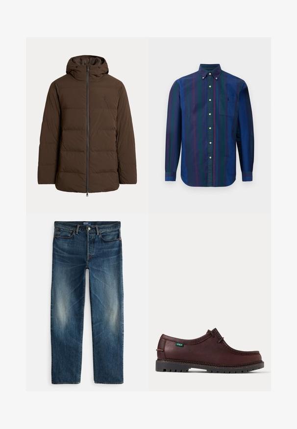 Braune gesteppte Winterjacke mit Kapuze, Frontreißverschluss, Seitentaschen und dezent gesticktem Logo auf der Brust.; Hemd mit Knopfleiste und vertikalen Streifen in Dunkelblau, Grün und Kastanienbraun. Hergestellt aus einem Stoff mit glatter Textur und ausgestattet mit einer Brusttasche.; Indigoblaue Denim-Jeans mit geradem Bein, Fünf-Taschen-Design und subtilen Verblassungen an den Oberschenkeln. Metallknopf- und Reißverschlussverschluss.; Dunkelbrauner Leder-Mokassinschuh mit schwarzer robuster Sohle und grünem Polo-Logo-Etikett an der Seite, Seitenansicht.
