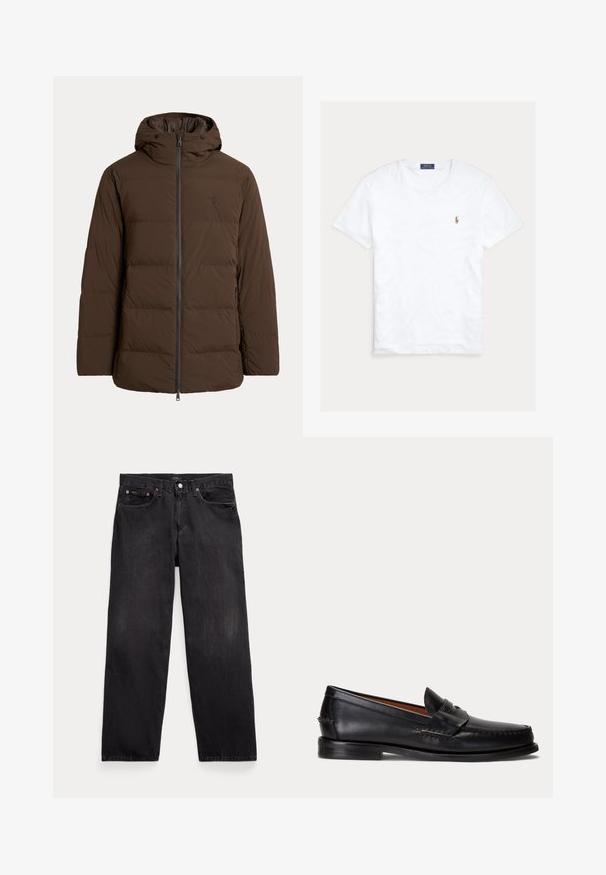 Bruine gewatteerde winterjas met capuchon, rits aan de voorkant, zijzakken en subtiel geborduurd logo op de borst.; Witte T-shirt met korte mouwen en ronde hals met klein geborduurd Polo Ralph Lauren-logo op de linkerborst en een blauw merklint binnenin de kraag.; Zwarte rechte denim jeans met vijf zakken, knoopsluiting en zichtbare metalen klinknagels op de voorzakken.; Zwarte leren loafer met lage hak en penny-strap detail, van opzij getoond op een lichtgrijze achtergrond.