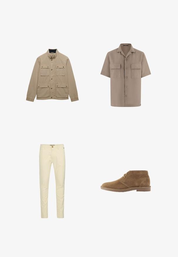 Chaqueta casual beige con cuello alto, cierre frontal con botones y cuatro bolsillos con solapa y detalles de botones en la parte delantera.; Camisa beige de manga corta con botones, dos bolsillos frontales con solapa y cuello abierto, presentada sobre un fondo blanco.; Chinos de algodón beige con un corte slim, que cuentan con un cierre de botón y un detalle de costura sutil en los bolsillos. Textura suave con un acabado pulido.; Zapato casual marrón de ante hasta el tobillo con dos ojales para cordones y suela cosida sobre fondo blanco, vista lateral.