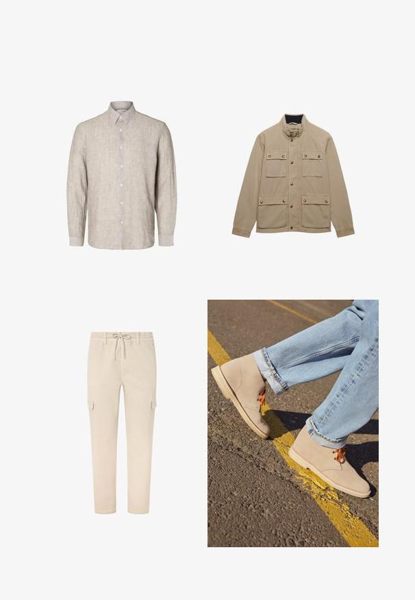 Beige afslappet jakke med høj krave, knaplukning foran og fire klaplommer med knapdetaljer foran.; Lys grå linnedkjorte med lange ærmer, knap-ned krave og frontknapper. Tekstureret stof med et diskret mønster.; Beige cargo bukser med snoreliv, tætsiddende ben og to sidelommer. Fremstillet af et blødt, let stof med en glat overflade.; Beige ruskind ankelstøvler med orange snørebånd, rund tå og en let gummisål, parret med opfoldede lyseblå denimjeans.