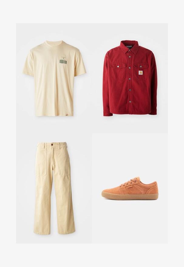 Rød bomulds skjortejakke med spread krave, to brystlommer med metal knapper og et lille logo patch på venstre lomme.; Cremefarvet bomulds-T-shirt med rund halsudskæring, korte ærmer og et grafisk tryk på venstre bryst, der viser et vintage fjernsyn.; Beige brede benbukser lavet af bomuld. De har en høj talje, to forlommer med flad design og en enkelt knaplukning.; Tan ruskinds sneakers med en tekstureret overflade, rund tå og gummisål. Har snørebåndsdesign og syede detaljer på siderne.