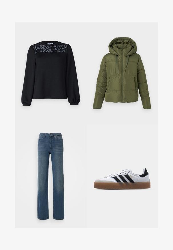 Doudoune vert olive avec capuche attachée, fermeture éclair frontale, cordons de serrage et poches latérales zippées, conçue pour les temps froids.; Un pull noir à manches longues, avec des détails en dentelle texturée sur la poitrine et un col rond. Tissu doux avec des poignets côtelés.; Jeans droits taille haute bleus avec poches avant, passants de ceinture, bouton et fermeture éclair. Légères décolorations sur les cuisses.; Baskets en cuir blanc avec des rayures noires, semelle extérieure en caoutchouc beige, bout rond, fermeture lacée et embout en suède gris doux.