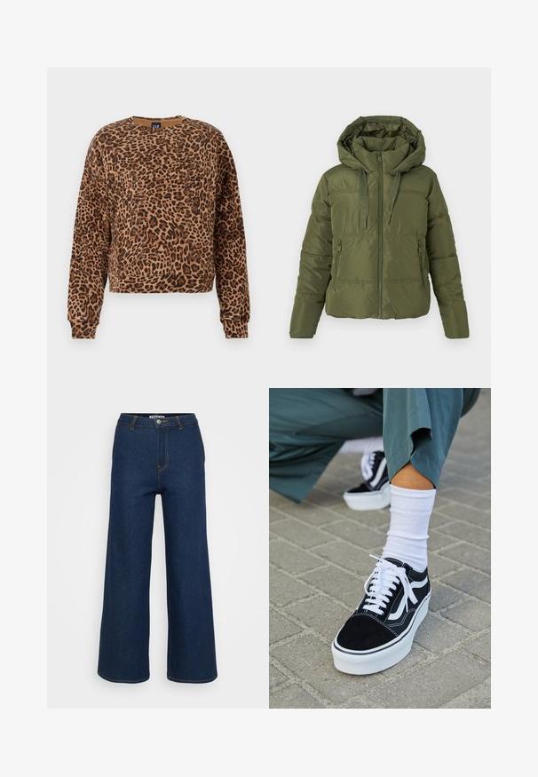 Olivgrüner Pufferjacke mit abnehmbarer Kapuze, Frontreißverschluss, Kordelzug und seitlichen Reißverschlusstaschen, entworfen für kaltes Wetter.; Sweatshirt mit Leopardenmuster in Brauntönen und Schwarz. Hergestellt aus weichem Material, verfügt über einen runden Ausschnitt und lange Ärmel mit gerippten Bündchen.; Weite Jeanshose in Dunkelblau mit kontrastierenden gelben Nähten, hoher Taille und Knopfverschluss. Glatte Textur und klassisches Design.; Schwarze Wildledersneaker mit weißen Akzenten und Schnürsenkeln, ausgestattet mit einer dicken weißen Sohle und kontrastierenden Nähten, kombiniert mit einer weißen Socke.