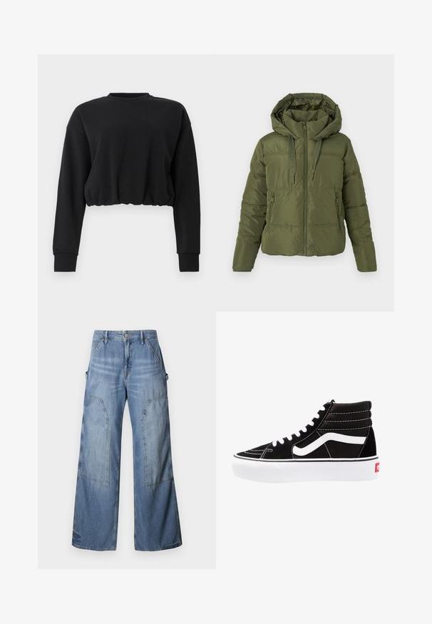 Chaqueta de plumas verde oliva con capucha adjunta, cremallera frontal, cordones ajustables y bolsillos laterales con cremallera, diseñada para climas fríos.; Sudadera negra cortada hecha de tejido suave. Presenta mangas largas, un escote redondo y un dobladillo fruncido para un ajuste relajado. Diseño simple.; Good American GOOD EASE RELAXED - Vaqueros boyfriend - indigo; Zapatillas altas negras con cordones blancos, un logo blanco y costuras en blanco que contrastan. Presentan una suela blanca gruesa y una parte superior de ante texturizado.
