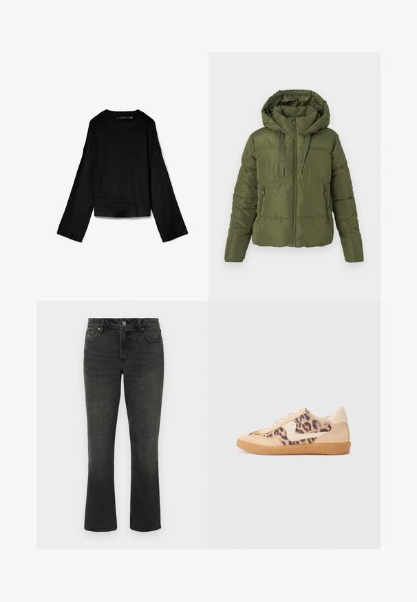 Olivengrøn pufferjakke med fast hoodie, frontlynlås, snoretræk og lynlåsede sidelommer, designet til koldt vejr.; Sort strikket sweater med rund halsudskæring, lange ærmer og cropped design. Strukturstof med ribbede manchetter og kant.; Sorte denimjeans med lige ben, fem-lommestil og lynlås. Har gyldent syning og en subtil udtværing.; Leopardprint sneakers med beige ruskindsoverdel, tan gummisål og hvide detaljer. Rund pegefinger og snørebåndsdesign med en tekstureret finish.