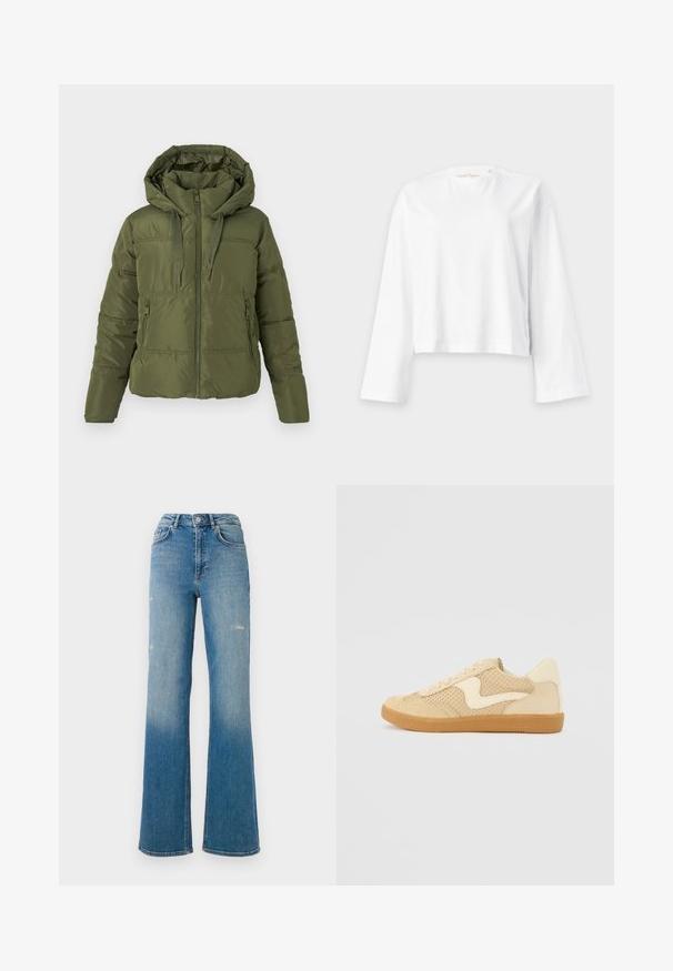 Olijfgroene pufferjack met aangestikte capuchon, voorkeursrits, koordjes en ritszakken aan de zijkant, ontworpen voor koud weer.; Effen wit shirt met lange mouwen, ronde hals, losse pasvorm en licht ingekorte zoom op een lichtgrijze achtergrond.; Hoge taille blauwe denim jeans met lichte slijtage op de dijen, vijf zakken stijl, en een uitlopend pasvorm.; Beige sneaker van suede en mesh materialen, ronde vorm, opvallende gepolsterde kraag en een gumrubberen zool. Kenmerkt zich door een golvend ontwerp accent.