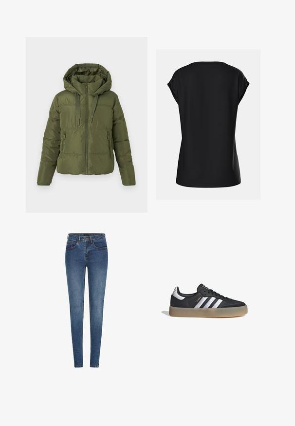 Chaqueta de plumas verde oliva con capucha adjunta, cremallera frontal, cordones ajustables y bolsillos laterales con cremallera, diseñada para climas fríos.; Top negro de manga corta con un corte holgado, cuello redondo y una textura de tela suave, con costuras de hombro sutiles. Se muestra la vista trasera.; Jeans ajustados de denim azul oscuro, con una cintura de altura media, cinco bolsillos y costuras en contraste. Textura suave con un ligero estiramiento.; Zapatilla deportiva de cuero negro con tres rayas plateadas, punta texturizada y suela de goma. Cuenta con un collar acolchado y un diseño con cordones.