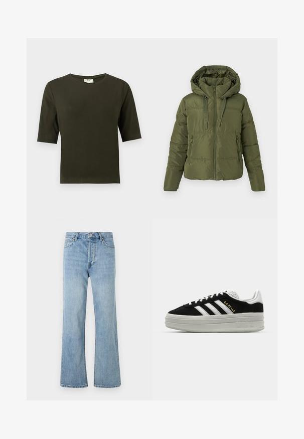 Chaqueta de plumas verde oliva con capucha adjunta, cremallera frontal, cordones ajustables y bolsillos laterales con cremallera, diseñada para climas fríos.; Camiseta de manga corta verde oscuro con cuello redondo, hecha de una tela suave, que presenta un diseño simple y de corte recto.; Jeans de mezclilla de talle alto de color azul claro con cierre de botón, bolsillos delanteros y traseros, y corte recto sobre un fondo blanco.; Zapatillas negras de ante con detalles en cuero blanco, tres rayas blancas, cordones planos y una gruesa suela de plataforma gris. Marca "Gazelle" en dorado.