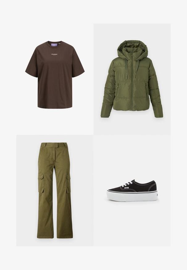 Olivgrüner Pufferjacke mit abnehmbarer Kapuze, Frontreißverschluss, Kordelzug und seitlichen Reißverschlusstaschen, entworfen für kaltes Wetter.; Braunes T-Shirt mit kurzen Ärmeln und Rundhalsausschnitt, mit weißem "JJXX STUDIO"-Logo mittig auf der Brust.; Olivgrüne Cargo-Hose aus Baumwollmischung, mit geradem Bein, zwei seitlichen Taschen und einem Knopfverschluss am Bund.; Schwarze Leinensneaker mit einer weißen Gummiplattformsohle, weißen Schnürsenkeln und Nähten, ikonischer Markenaufdruck an der Seite, im Low-Top-Design.