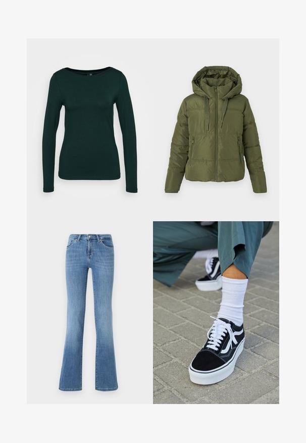 Olijfgroene pufferjack met aangestikte capuchon, voorkeursrits, koordjes en ritszakken aan de zijkant, ontworpen voor koud weer.; Langemouwige top in donker groen, gemaakt van zachte stof. Heeft een ronde halslijn en een getailleerd ontwerp met naadloze randen. Minimalistische stijl.; Lichtblauwe flared jeans van denim, met vijf zakken, rits aan de voorkant en knoopsluiting. Verbleekte patroon op de bovenbenen en de zoom.; Zwarte suède sneaker met witte accenten en veters, uitgerust met een dikke witte zool en contrasterende stiksels, gecombineerd met een witte sok.
