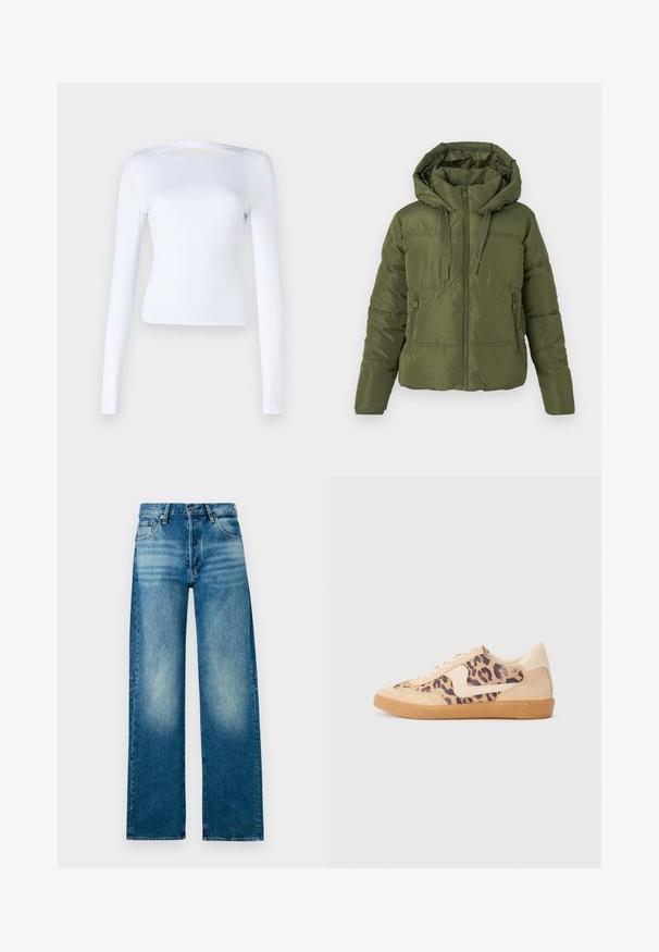 Chaqueta de plumas verde oliva con capucha adjunta, cremallera frontal, cordones ajustables y bolsillos laterales con cremallera, diseñada para climas fríos.; Top blanco de manga larga con escote cuadrado y detalle recortado en la parte posterior. Fabricado en una tela suave y elástica. Diseño ajustado.; Vaqueros de mezclilla de color azul claro con cintura alta, corte de pierna ancha y acabado desgastado. Presenta un diseño clásico de cinco bolsillos y cierre de botón metálico.; Zapatillas de leopardo con parte superior de ante beige, suela de goma marrón y acentos blancos. Punta redonda y diseño con cordones con un acabado texturado.