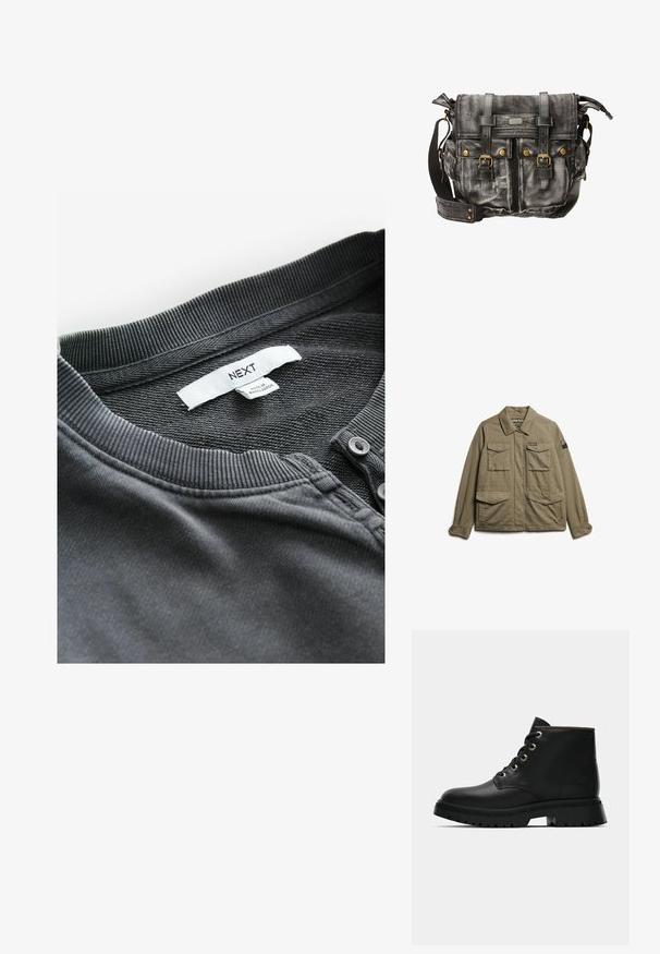 Superdry & Co EMBROIDERED MILITARY - Lichte jas - moss khaki; Donkergrijze katoenen shirt met een geribbelde kraag, twee knopen en een subtiele textuur. Label met "NEXT," met zorgdetails op het label.; Zwart leren enkelboot met ronde neus, gouden oogjes en textuurzool. Voorzien van een gevoerde kraag en een kenmerkend logo aan de zijkant.; Zwarte canvas schoudertas met leren accenten, voorzien van een gestructureerde vorm, metalen hardware, twee voorzakken en een verstelbare schouderriem.