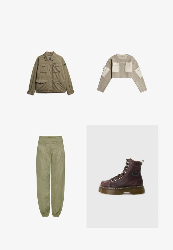 Superdry & Co EMBROIDERED MILITARY - Veste légère - moss khaki; Pull en maille beige court avec des patchs en tissu crème sur les poches poitrine et le haut des manches, avec des fermetures éclair et des boutons.; Pantalons loose-fit en vert olive clair, avec une taille smockée et des poignets élastiques ; fabriqués dans un tissu doux et texturé.; Bottine en cuir marron avec une surface texturée, œillets en argent et couture jaune. Dispose d'une semelle épaisse translucide et d'une languette.