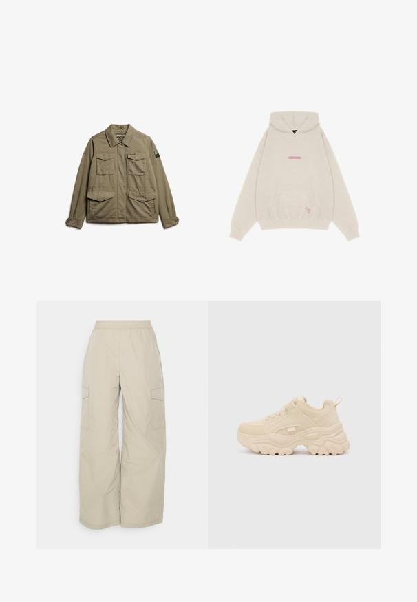Superdry & Co EMBROIDERED MILITARY - Chaqueta fina - moss khaki; Pegador THEA OVERSIZED - Jersey con capucha - vintage moon grey; Pantalones cargo beige hechos de un material ligero, con una cinturilla elástica, piernas anchas y bolsillos laterales para almacenamiento.; Buffalo GALACTICA - Zapatillas - cream